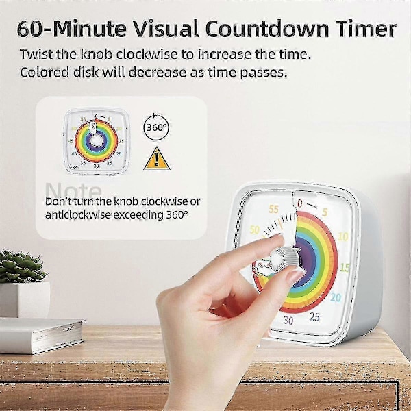60-Minuters Visuell Timer med Nattlampa, Nedräkningstimer, Pomodoro-Timer med Regnbågsmönster för Barn och Vuxna [DB]