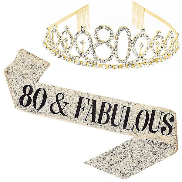 Sash och tiara-set med glittrande strass och bokstavstryck för födelsedagsfest [Db] Golden 80 Years Old