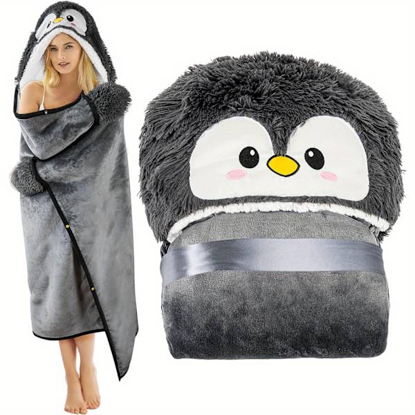 Super Mjuk Pingvin Huvtröja Bärbar Filt - Flanell & Sherpa Fleece Vuxen Kappa med Handskar - Maskintvättbar Gray