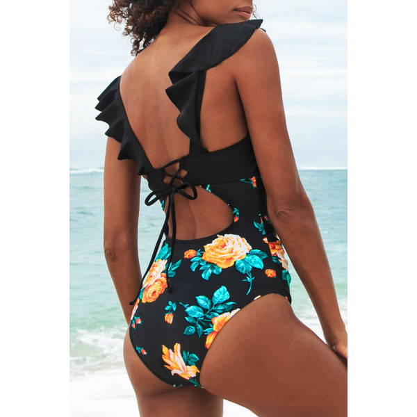 Naisten yksiosainen uimapuku Ruffle Tie Beach Swimwear Belly Swimsuit (musta kukka)