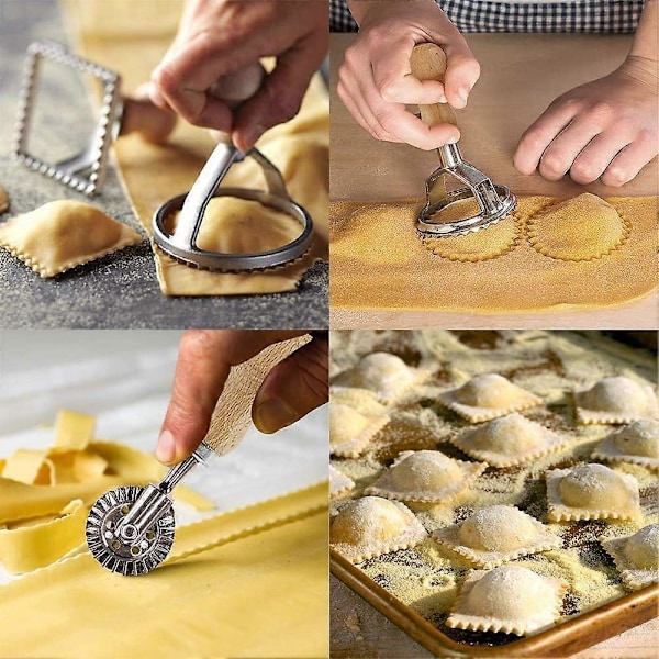 MASTER FENG Ravioli -muottisetti, pyöreät ja kulmikkaat raviolileimasimet puisella kahvalla ja uurrettu pastapuristin keittiöön - 2 kpl style719