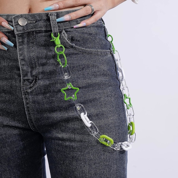 Søde farverige grønne akrylbukser Kæde jeans Link Chain Star Circle Ring Link Pocket Bukser Kæde Tegnebog Kæder Kropssmykker til mænd og kvinder