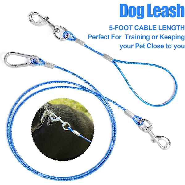 Tyggebestandig Hundeleie, 5Ft Tie Out Kabel med Avtakbar Kort Hundeleiehåndtak, Ikke-Tygge Kabel Flettet Snord Stål Trening Hund Db Blue