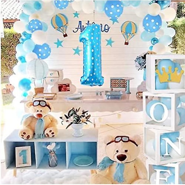 Sininen 1. syntymäpäiväjuhlakoristeet pojille, Hyvää syntymäpäivää -banneri, kakunpäällinen, ilmapallo numero 1