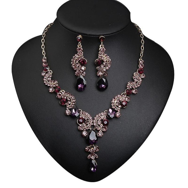 Lyx kvinnor strass hänge kedja halsband Stud örhängen bröllop smycken set Purple