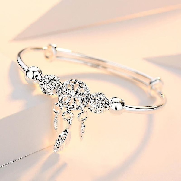 Justerbart 925 Sterling Silver Dreamcatcher Tassel Feather Round Bead Charm Armband & Bangle db