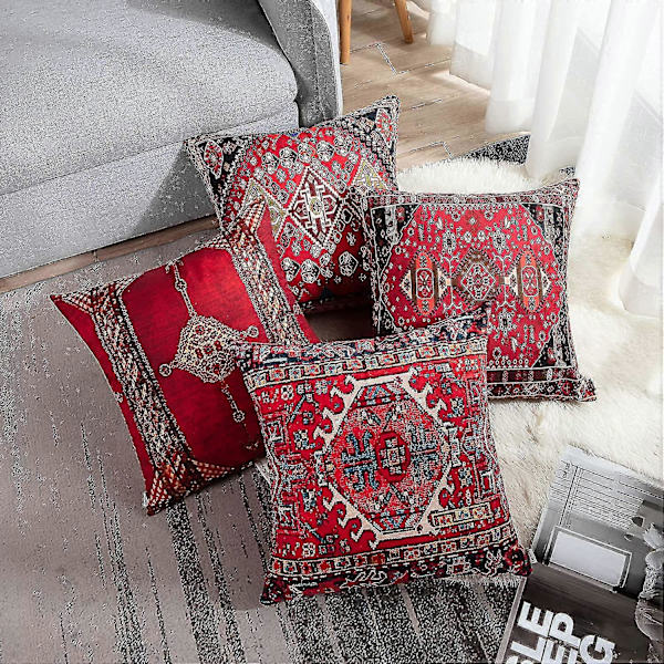 4-delars Set Vintage Röd Blommig Turkisk Persisk Matta Linne Kuddfodral Hemkudde Kudde Kuddfodral Geometrisk Heminredning 4 St {DB}