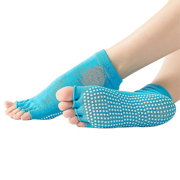 Sokker til kvinder og mænd med fuld tå, skridsikker greb, tilbehør til yoga, barre, pilates, dans, ballet [db] Blue half finger