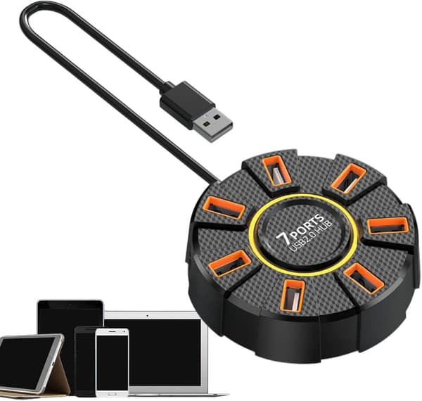 Splitterkabel, adapterporter, rund USB-hub, rund design data 7 porter bærbar praktisk tilbehør fargerike lys solid materiale allsidig[DB]
