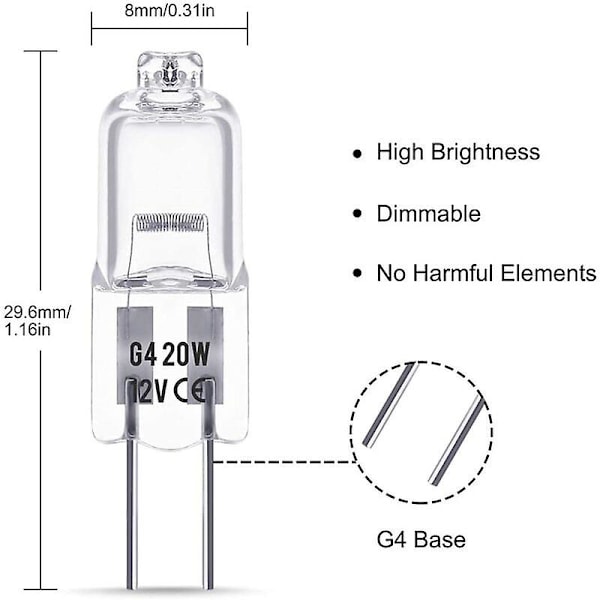 G4 Halogenpærer, 12V 20W Halogen Stiftsokkel Lampe, 2800K Varmhvit, dimbar, G4 Lavvolt Halogenlampe, klar Kapsellampe, 10-pakning [DB]