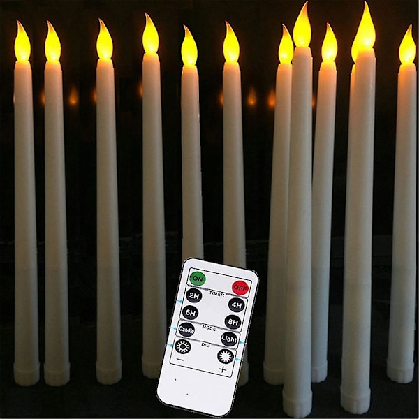 Set Of 10 Battery Operated Led Taper Candles With Remote, Ivory Dining Candles Smooth Wax Finish, Warm White Led [DB]