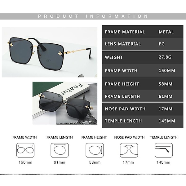 Oversized Rammeløse Firkantede Bie Solbriller Dame Herre Solbriller [DB] Black