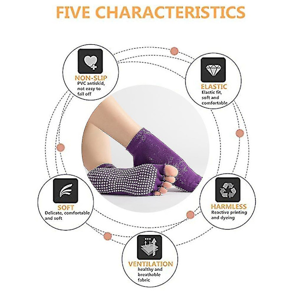 Sokker til kvinder og mænd med fuld tå, skridsikker, klæbende greb, tilbehør til yoga, barre, pilates, dans, ballet [db] Purple half finger