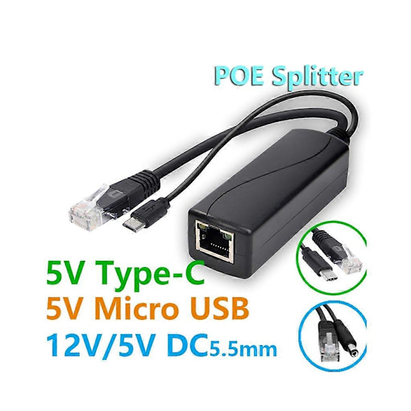 POE Splitter 48V - 5V MicroUSB Type C Power Over Ethernet -sovitinkaapeli db DC3.5 1.35