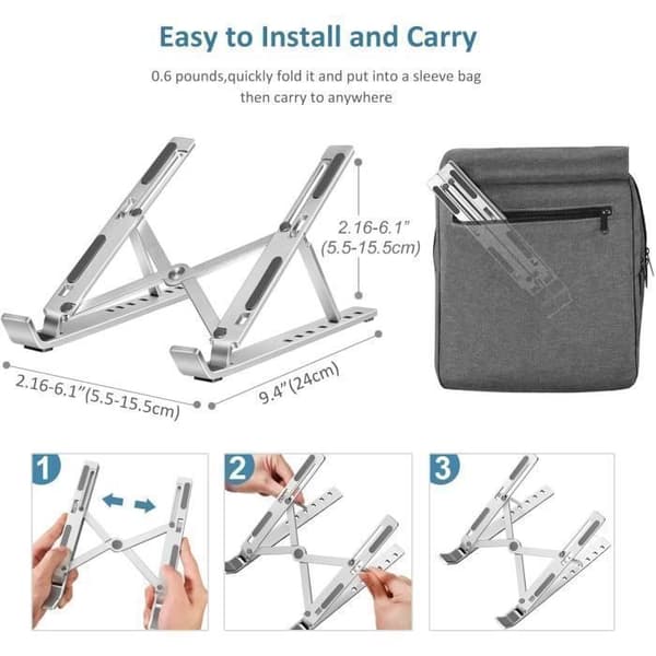 Bärbar datorställ - Aluminium - Ventilerat - Halkfritt - Tiltbart - Grå Gray