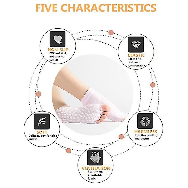 Sokker for kvinner og menn med full tå, sklisikker greptilbehør for yoga, barre, pilates, dans, ballett [db] Pink half finger