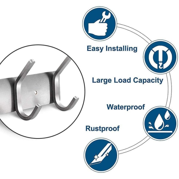 Børstet design vægmonteret knagerække - (5 kroge) Sus 304 rustfrit stål vægmonterede knager, til jakker tøj hat bælte nøgle