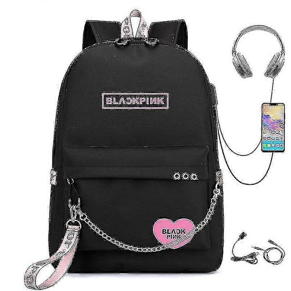 Blackpink Ryggsäck USB Laddningsbar Ryggsäck Student Skolväska {Db} Black