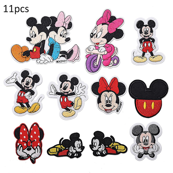 11 st Mickey Minnie Mouse Sy på/Stryk på Lappar, Cartoon DIY Broderade Applikation Reparationslapp för Jackor, Jeans, Byxor, Kläder [DB]