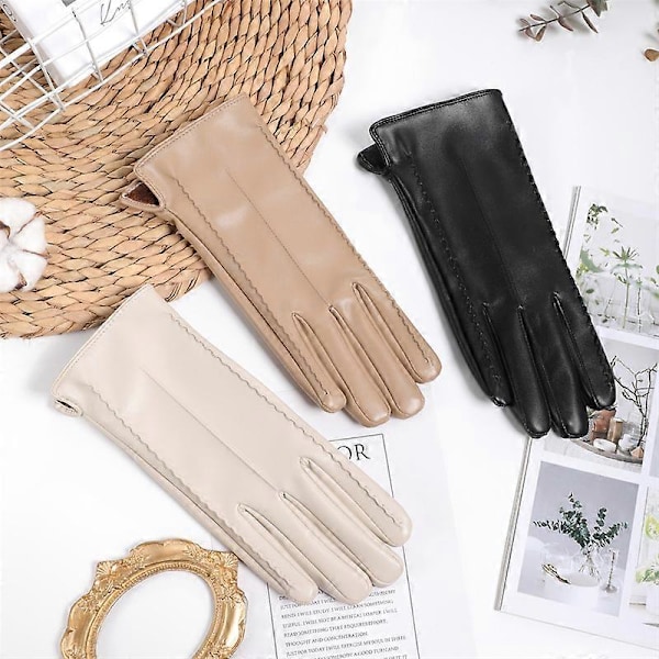 Damelæderhandsker Vinter Bløde Anti-Slip Touchscreen Varme Foret Handsker DB White