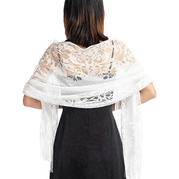 Blomstertørklæde med blonder til kvinder med frynser, blødt mesh-frynseomslag til bryllupsaftenkjoler (hvid)