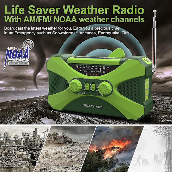 10000 mAh:n hätäradio, aurinkokäyttöinen käsikampiradio, kannettava AM/FM/NOAA-sääradio puhelimen laturin taskulampulla, uutta vuodelle 2024 Dg db Green