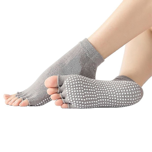 Sokker for kvinner og menn med full tå, sklisikker, klebrig grep, tilbehør for yoga, barre, pilates, dans, ballett [db] Grey half finger