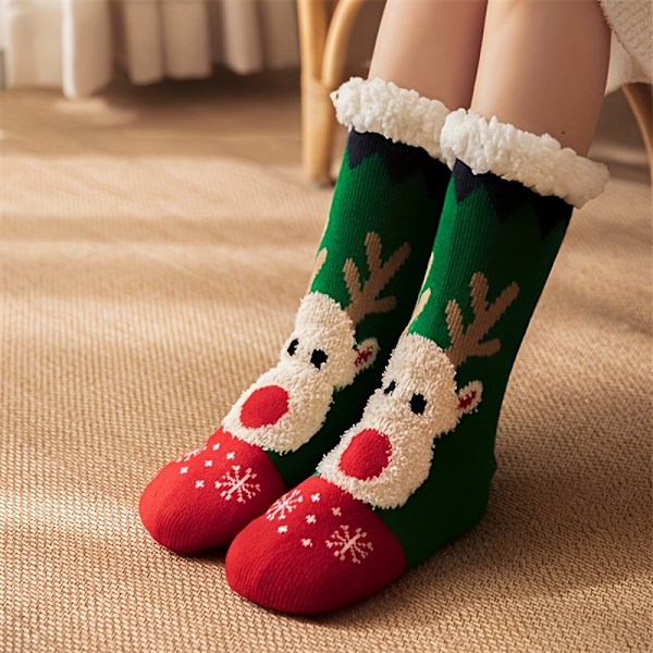 Julklappssockor med älgmönster, Tjocka Varma Plushfodrade Hemsockor, Damstrumpor & Strumpbyxor db Red - 1 Pair One-size