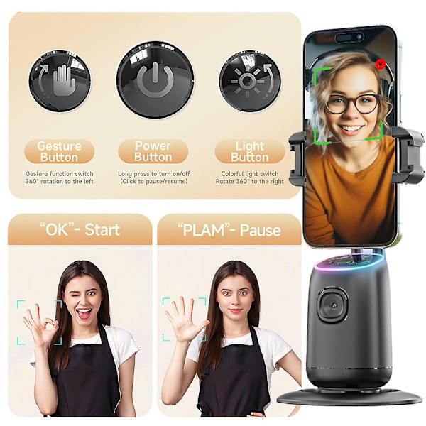 Smart 360° Auto Ansiktsporing Stativ Skrivebord Oppfølging Sporing Gimbal for Vlogg Video Opptak DB Double Fill Light