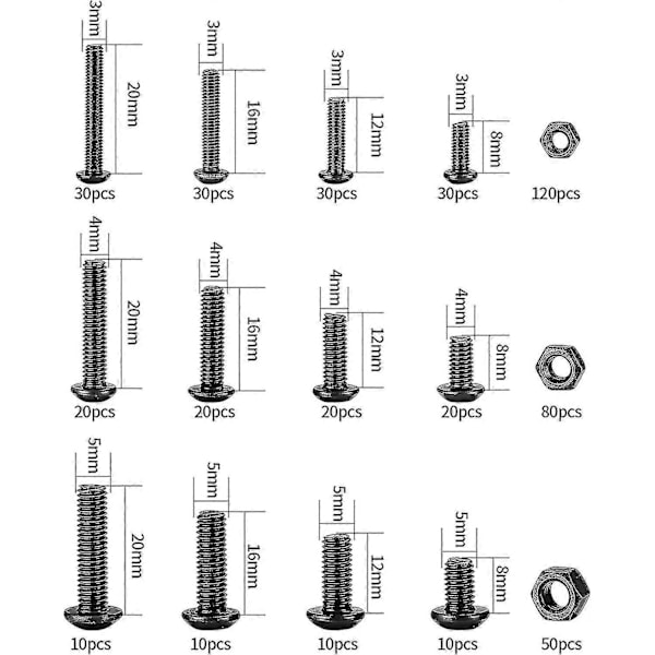 500-dels mutter- och bultsats, svarta skruvar med sexkantshuvud och muttrar T-x db