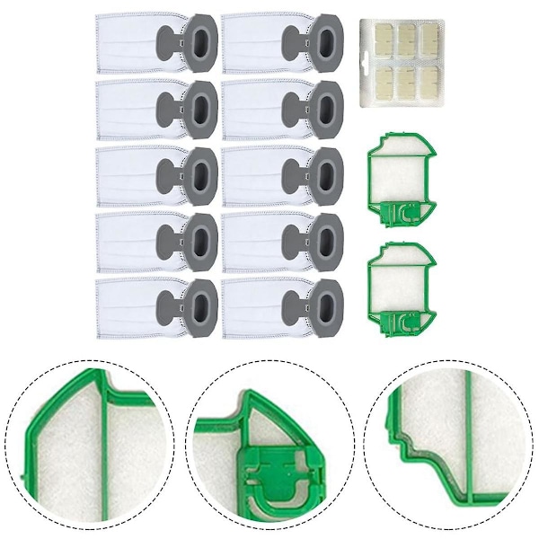 10 støvposer, 2 forfiltre, 1 dufttabletter/pinner til Kobold VK7 FP7 trådløs støvsuger. [db] As Shown