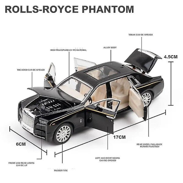 1/32 Rolls Royce Phantom Diecast Lekebil Miniatyrmodell Luksus Super Pull Back Lyd & Lys Dører Åpningsbar Samling Gave Barn Db Rolls-Royce Phantom1