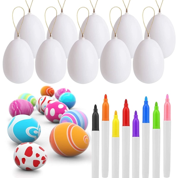 30 kpl valkoisia tyhjiä pääsiäismunia 8 kynällä, riippuvat muoviset pääsiäismunat köydellä, keinotekoiset koristemunat juhlaan