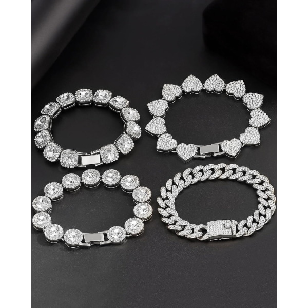 4st guldarmband för kvinnor tjejer - Silver Clustered Tennis Armband, Heart Round Diamond Cuban Armband Set