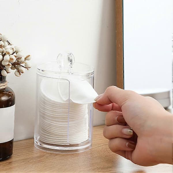 Transparent förvaringslåda för bomullsrondeller i plastmaterial