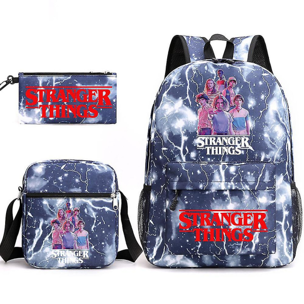 Stranger Things Ryggsäck Trestegsset Student Skolväska Canvas Väska Y DB Lightning Blue