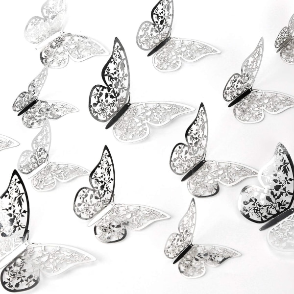 24 st 3D fjärilsväggdekaler 3 storlekar fjärilsväggdekaler rum (Silver) [DB]