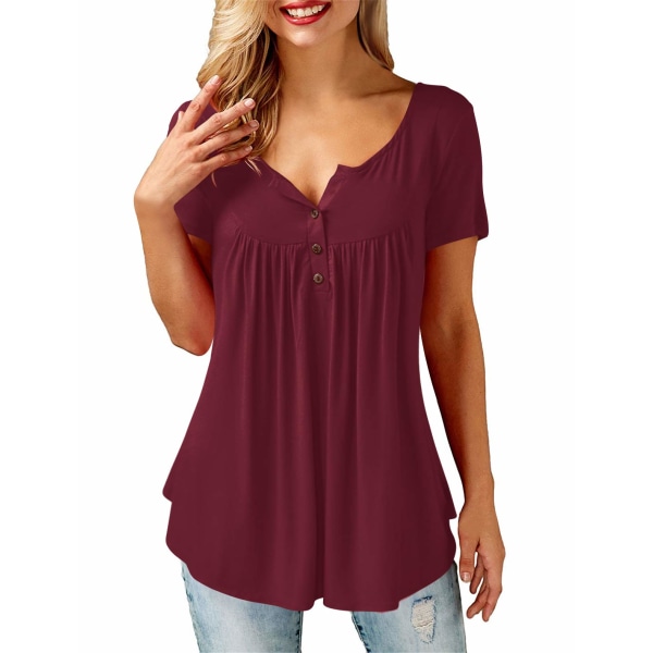 Womens Casual Lang/Kortærmet Toppe Løs Plisseret Tunika Skjorter(Burgundy,XXL)