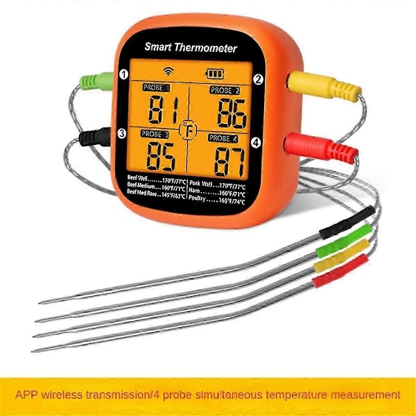 Trådløst Kjøtttermometer for Grill Røyk Ovn APP Digitalt Termometer med Fire Prober Smart BBQ Mattermometer [DB] Orange