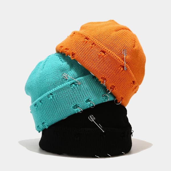 Vinterstrikket Beanie Hat med Pins O-ring Distressed Hul Cuffed Melon Skull Cap [DB] Blue