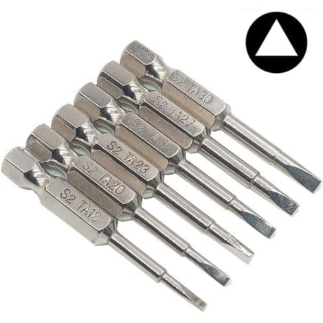 Set med 6 magnetiska triangulära skruvmejselbits 1/4\" 1.8 / 2.0 / 2.3 / 2.5 / 2.7 / 3.0 - S2 stål triangulära skruvmejselbits - 50 mm långa