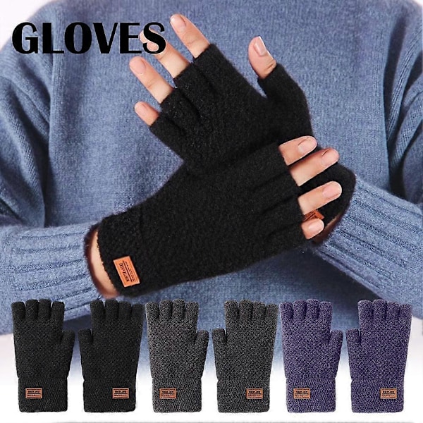 1 par Alpaca Uld Fingerløse Handsker Termiske Herre Strikkede Halvfinger Vanter [DB] Black