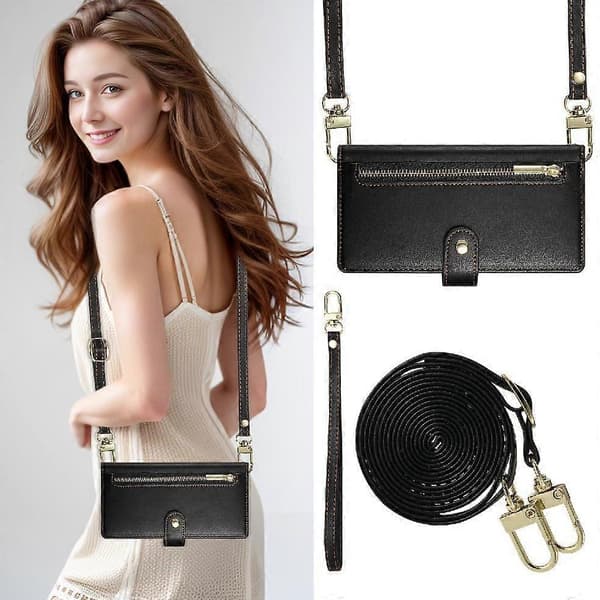 Flip-deksel til iPhone 16 med crossbody-stropp, lommebok, multifunksjonelt stativ [DB] Black