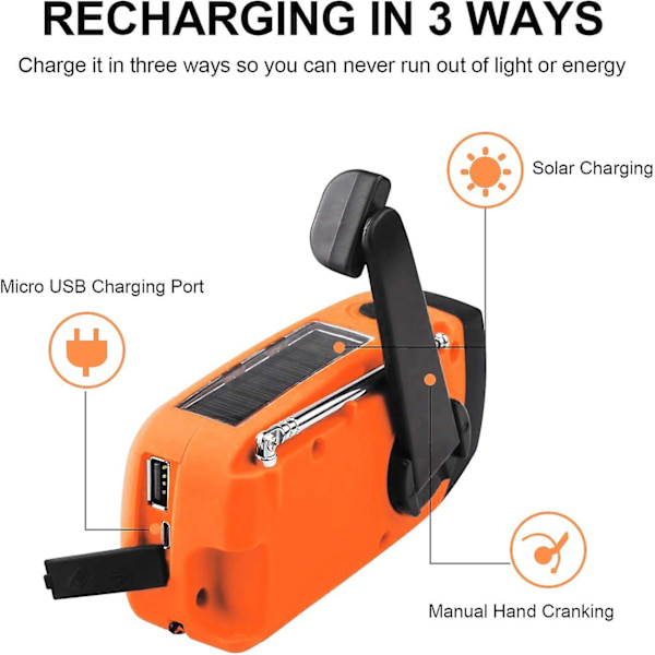 Veva Radio, Solenergi Nöd-FM AM NOAA Bärbar Radio med SOS-Alarm, LED-ficklampa, 2000mAh Powerbank USB-C Mobiltelefonladdare db Orange