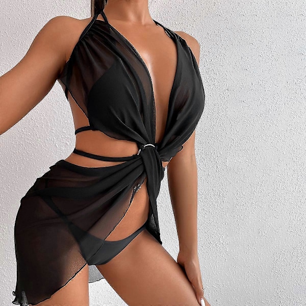\"Dam Badkläder Svart Bikini Set 3 i 1 Badkläder Strandkläder Dam Badkläder\" [DB] S