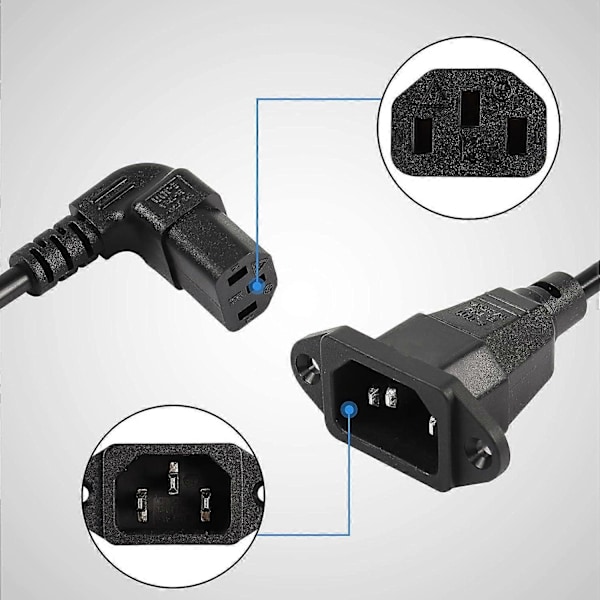 Panelmonterad C14 till 90 graders C13 PDU-strömkabel, IEC 320 C14 hane till vinklad C13 hona 3-polig strömkabel för bildskärmar [DB]