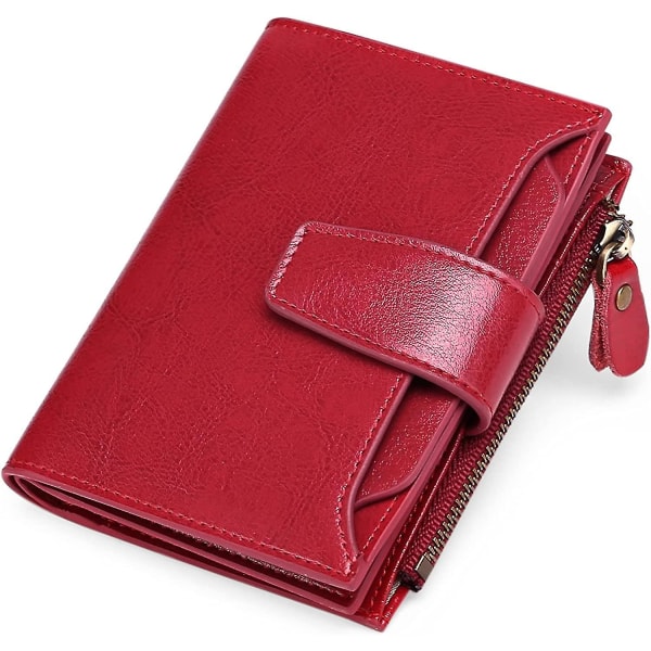 Kvinners rød liten lommebok i ekte skinn, kompakt blokkerende liten damelommebok
