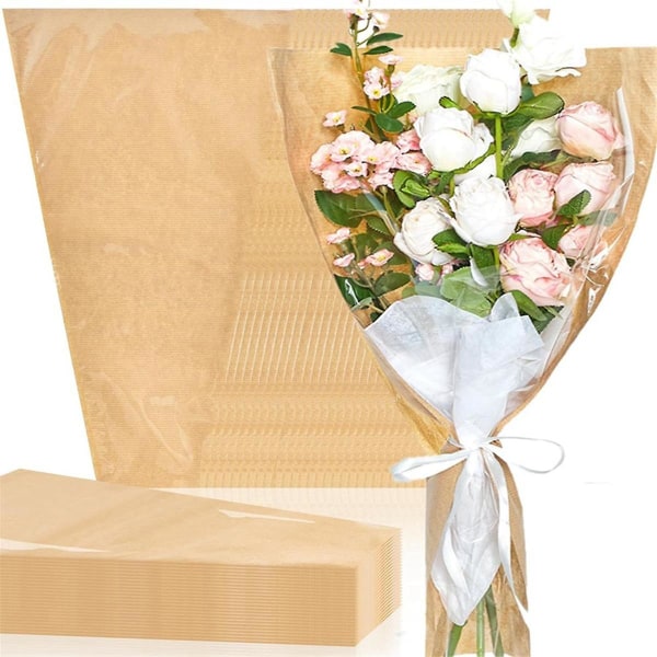 50-pack blomsterärmar för bukett, 14 x 22 tum blomsteromslagspapperspåse, genomskinlig framsida kraftblomsterpapper