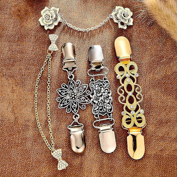 5 Delar Tröja Sjal Clips Set Retro Kofta Krage Clips Antika Blommor Klänningar Sjal Clip För [db] ancient silver  gold