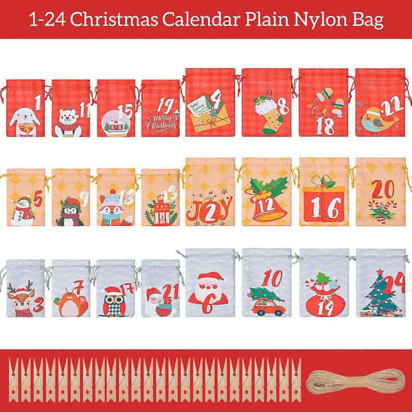 Kompatibel med jul polyester linne dragskoväskor, 24-siffriga nedräkningsväskor, adventskalendrar, godispresentpåsar, juladventsväska [DB]